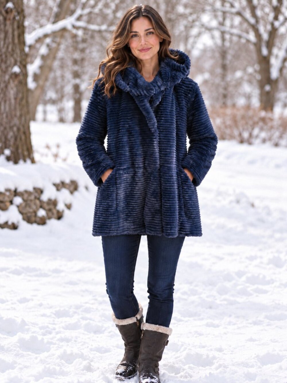 DENNIS BASSO Coat Faux Mink Snap-Up Blue Anorak w/Removable Hood NWOT MP